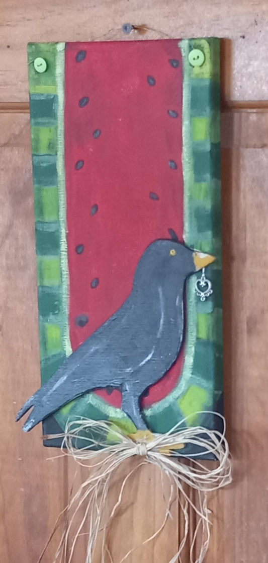#crow on a Watermelon slice. He  is offering a found #heart gem. Painted canvas.
